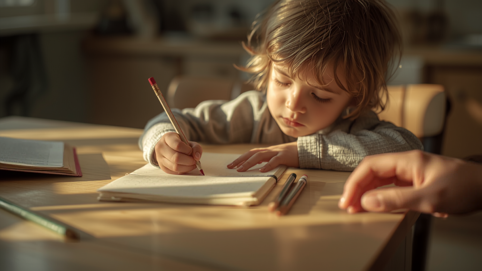 A young child learning calmly at a kitchen table at home in soft morning light
