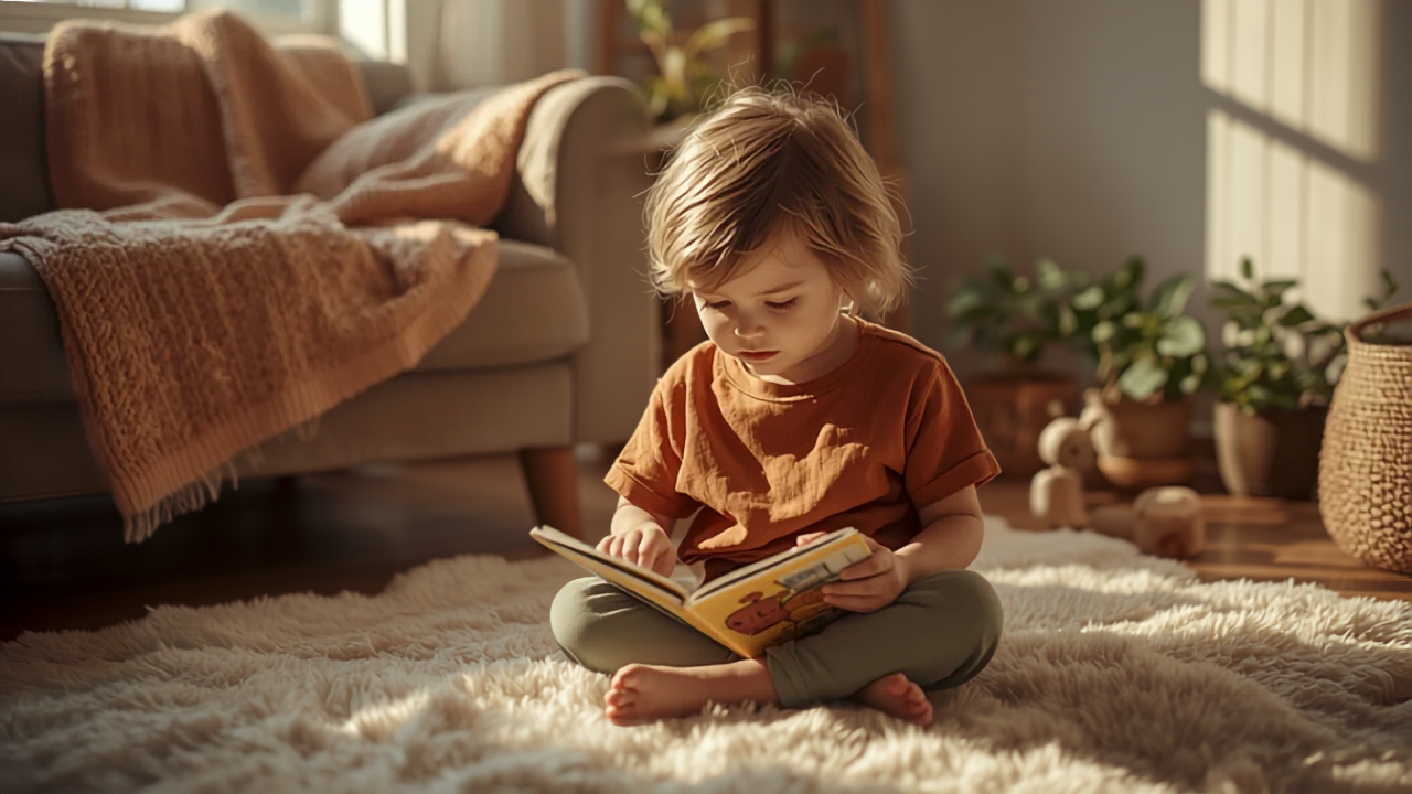 Young child reading a picture book in soft morning light during a calm screen-free morning