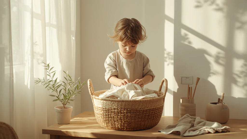 Chore Chart for Kids: Age-Appropriate Chores by Stage child folding laundry in sunlit corner