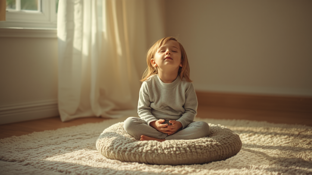 child meditating on cozy floor cushion