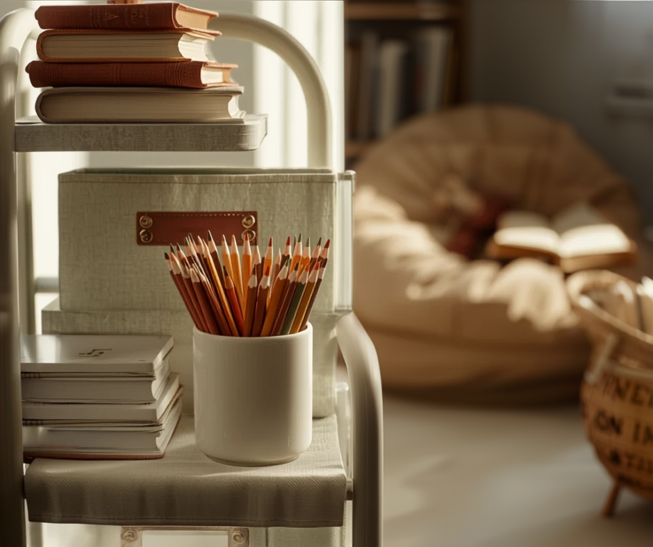 A curated homeschool supply station in soft natural light