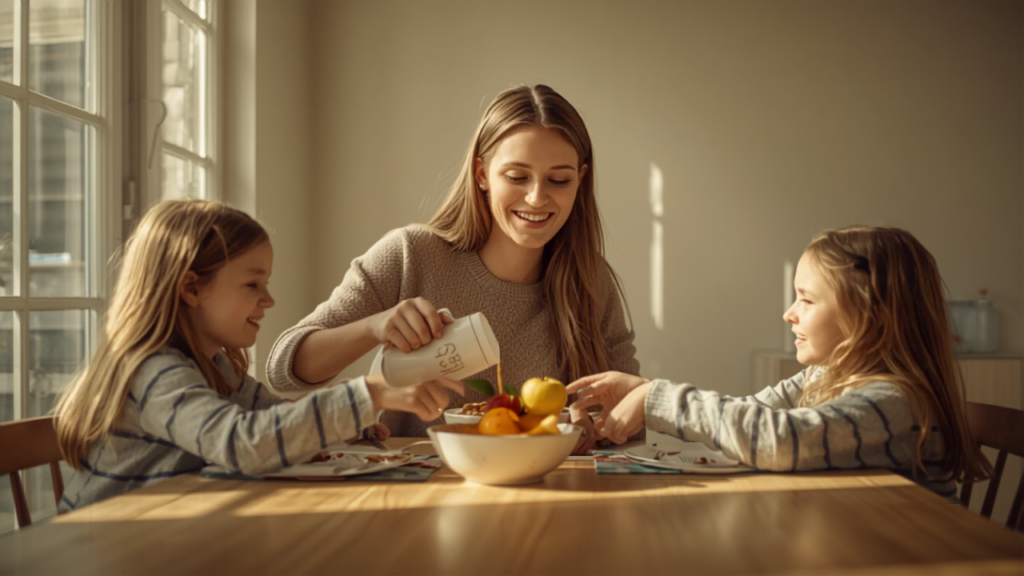 Calm Morning Routine for Kids: How to Start the Day Without the Rush joyful mother daughter breakfast scene