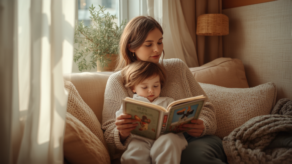 mother and child reading together by window