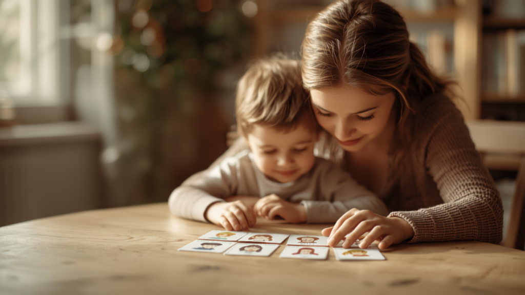mother and child at table with flashcards