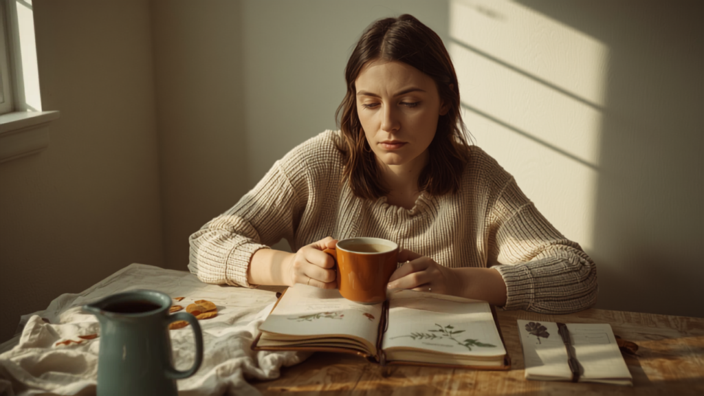 serene homeschool mom with sketchbook