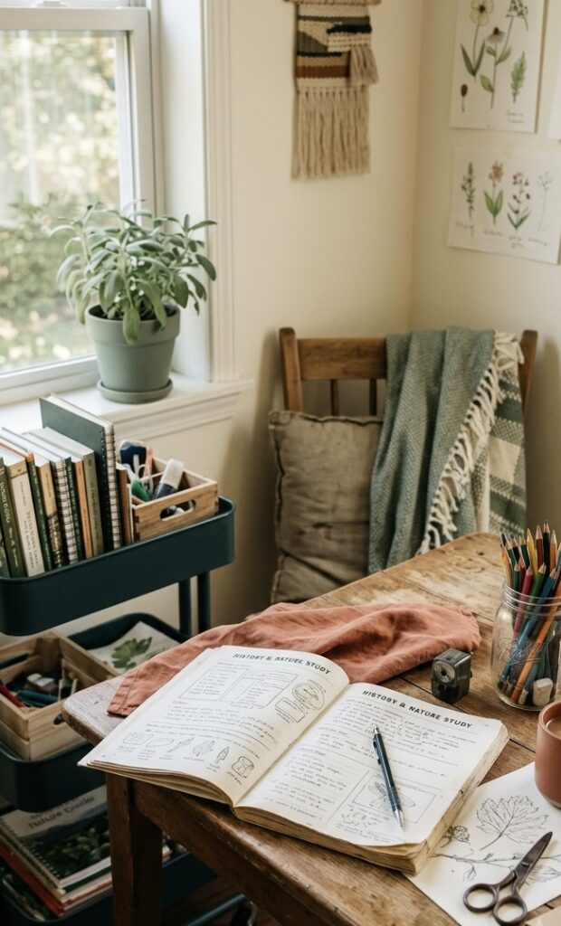 Homeschool Room Ideas on a Budget (Even If You Don't Have a Dedicated Room) Cozy budget-friendly homeschool corner with rolling cart, mason jar of pencils, and open workbook in natural light
