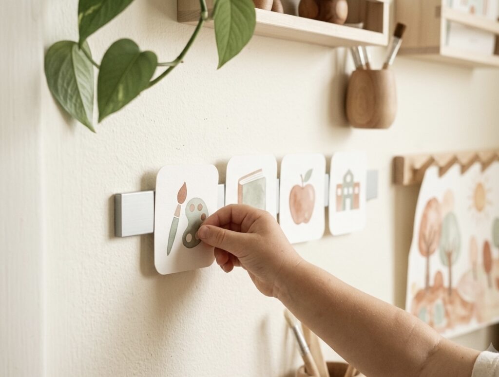 Child's hand moving a watercolor visual routine card along a homeschool wall strip at eye level