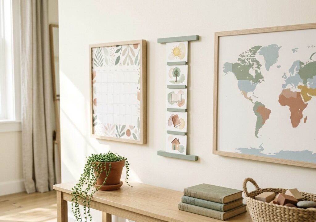 Homeschool Wall Ideas: The 3-Piece Setup That Teaches Calm homeschool wall with a year calendar, visual routine cards, and a world map hung at child height in natural light