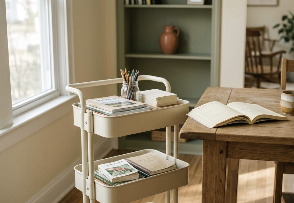 Homeschool Storage Ideas for Small Spaces (Under $60) Rolling homeschool cart with workbooks and a jar of pencils beside a wooden dining table in morning light