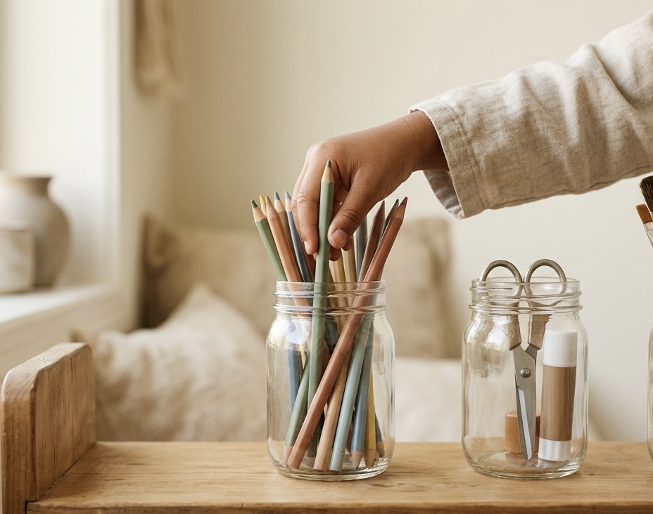 Child's hand reaching into an open mason jar of colored pencils on a low wooden shelf at kid height