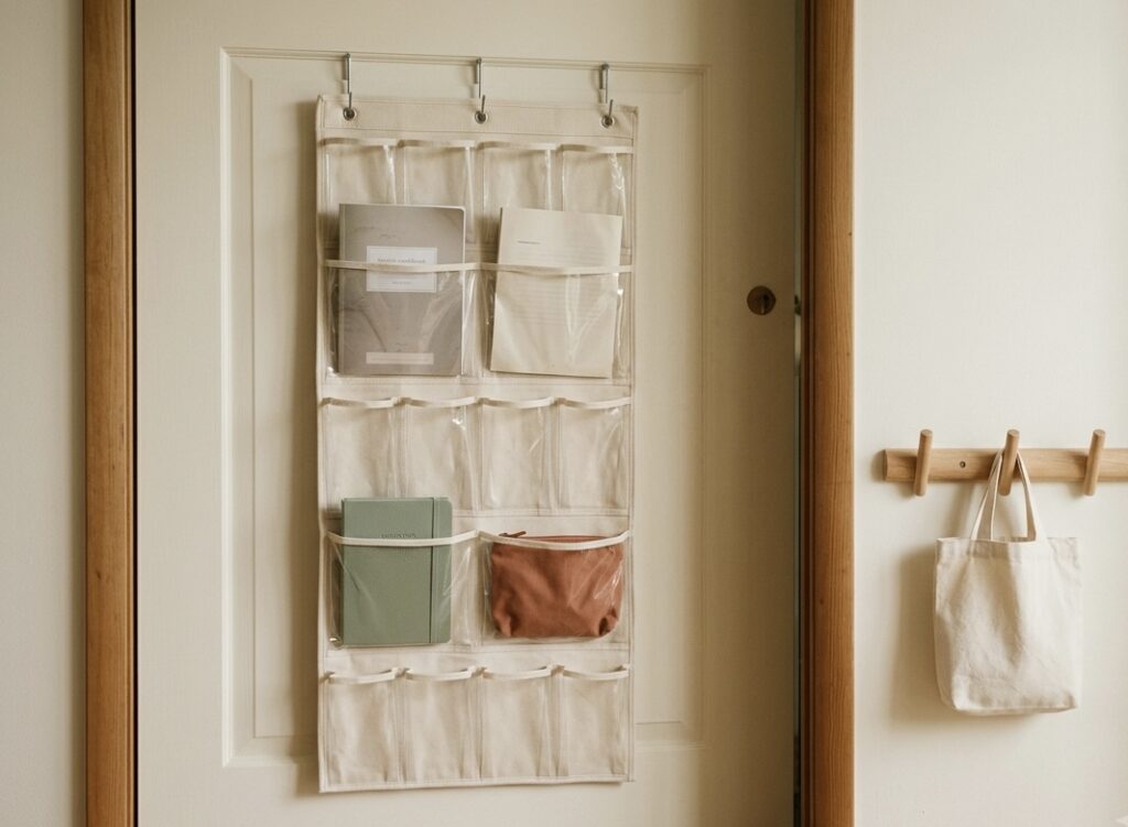 Clear-pocket over-door organizer holding homeschool workbooks beside wooden wall hooks at child height