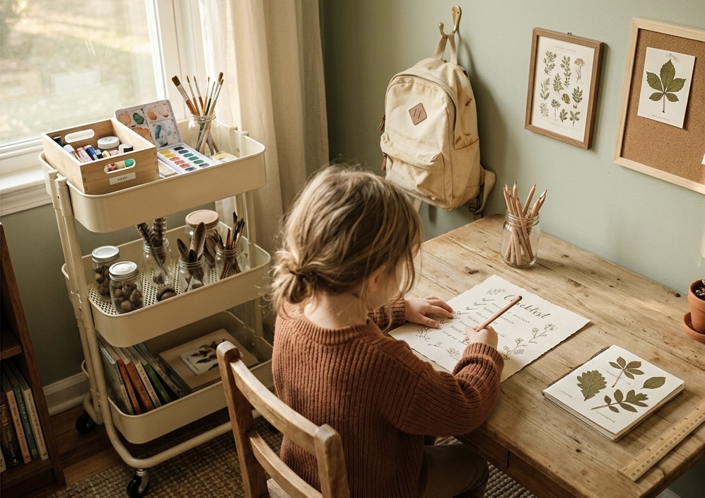 A child at a wooden desk following a printed checklist, with a rolling cart of supplies and a backpack on a wall hook nearby
