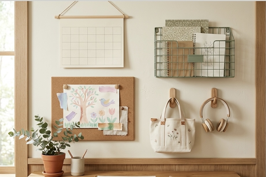 A learning-space wall styled with a simple blank calendar, a green wire file basket of papers, a cork board of kids
