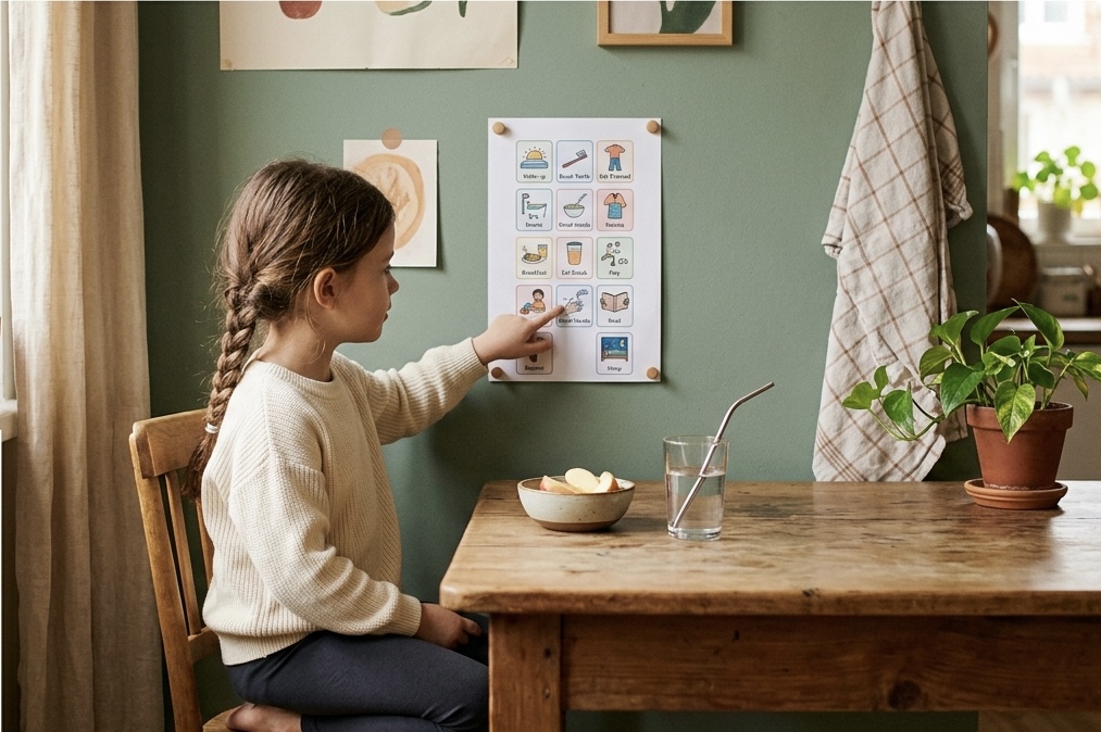 A young child at a wooden kitchen table following a pictured after-school routine checklist on the wall, with a snack and glass of water nearby