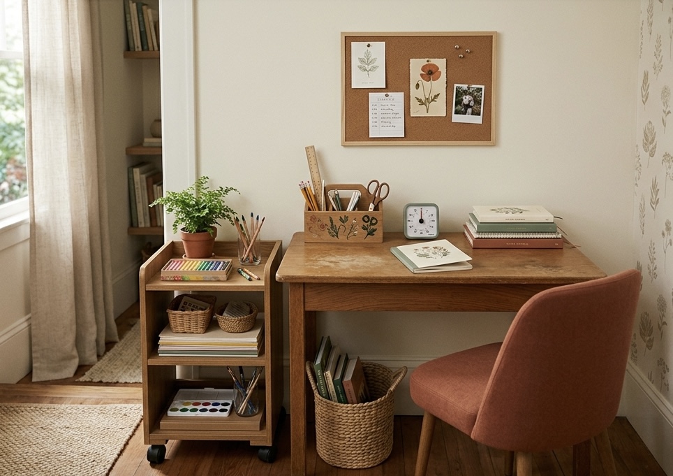 A tidy homework corner with a wooden desk, a supply caddy of pencils, a small rolling cart, and a visual timer for after-school work