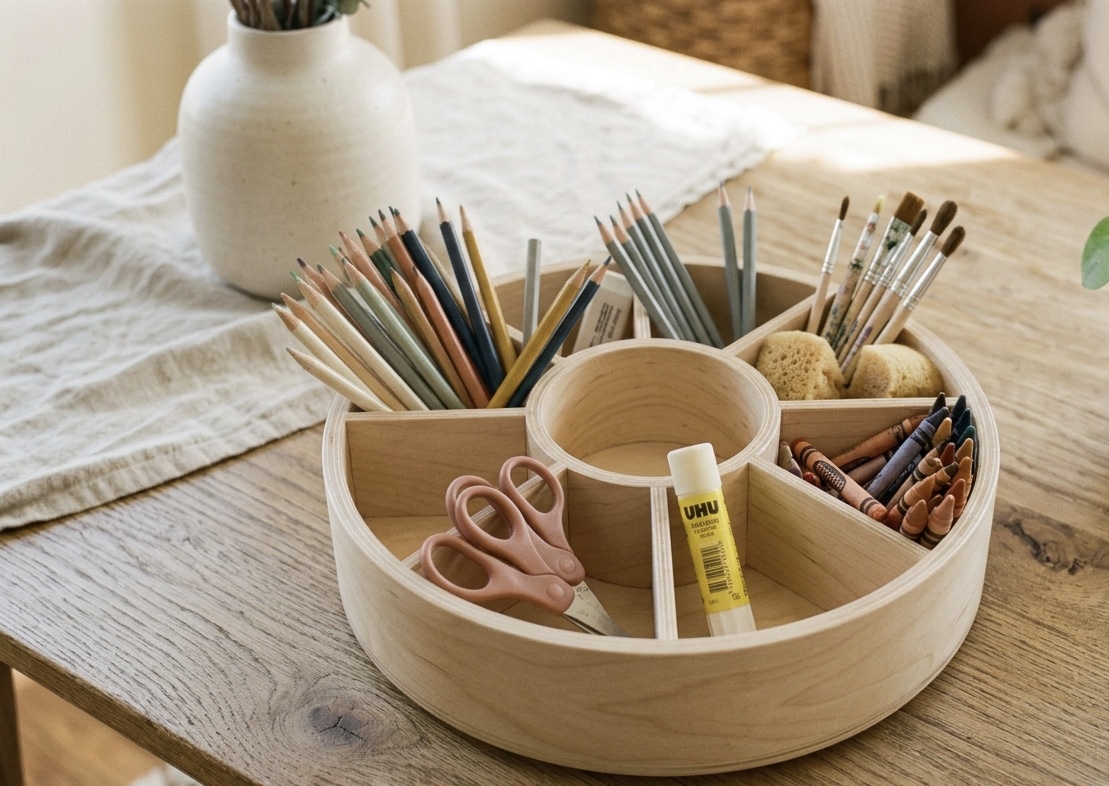 A divided supply caddy with pencils, scissors, and crayons for self-serve homeschool supplies