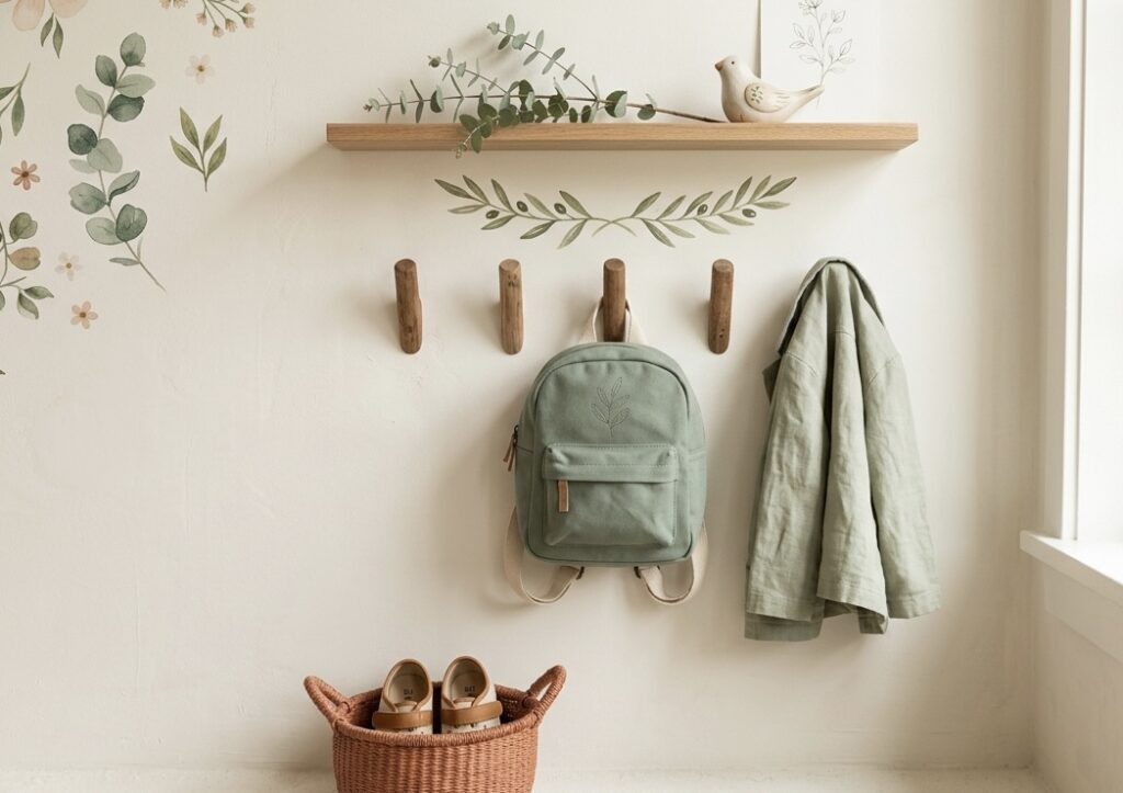 How to Get Kids to Do Their Morning Routine Independently A tidy entryway launch station with low wooden wall hooks at child height holding a small backpack, and a woven bin below for shoes