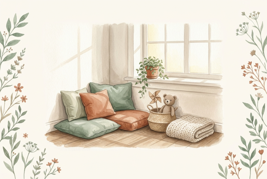 A cozy calm-down corner for kids beside a sunny window, with soft floor cushions, a knit blanket, and a basket of calming tools in sage green and terracotta.