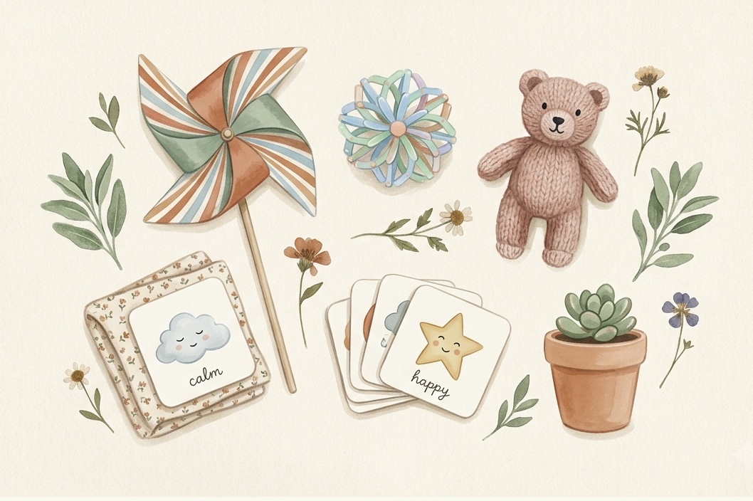 How to Help an Angry Child Calm Down (Without Yelling) A child’s calm-down toolkit laid out flat — a paper pinwheel, breathing ball, soft stuffed animal, feelings cards, and a small plant in sage and terracotta on cream linen.