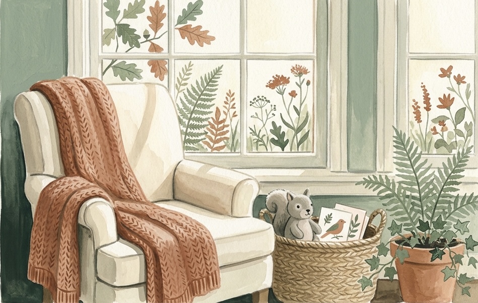 Cozy calm-down reading nook by a sunlit window with a soft chair, throw blanket, and basket of calming tools