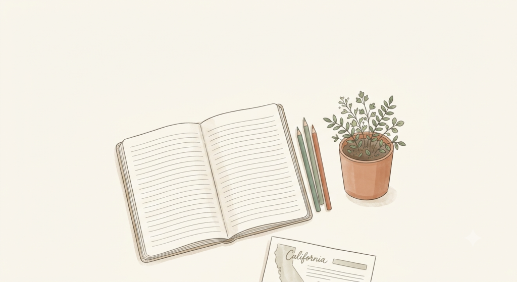 Homeschool Laws in California: What You Need to Know (2026) Homeschool laws in California guide, calm cream nature-journal flat-lay with notebook, colored pencils, and a plant