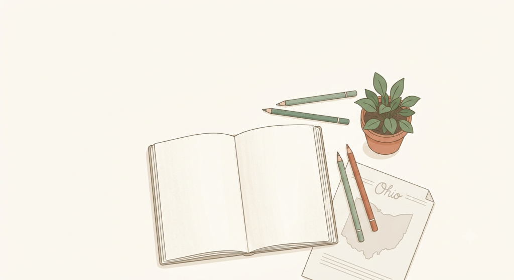 Homeschool Laws in Ohio: What You Need to Know (2026) Homeschool laws in Ohio guide, calm cream nature-journal flat-lay with notebook, colored pencils, and a plant