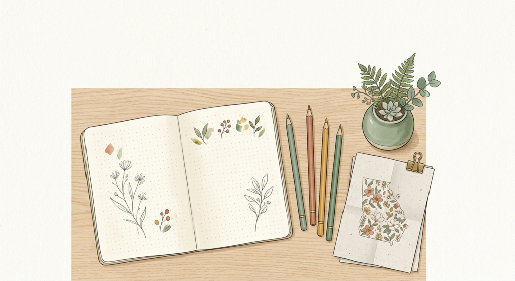 Homeschool Laws in Georgia: What You Need to Know (2026) Homeschool laws in Georgia guide, calm cream nature-journal flat-lay with notebook, colored pencils, and a plant