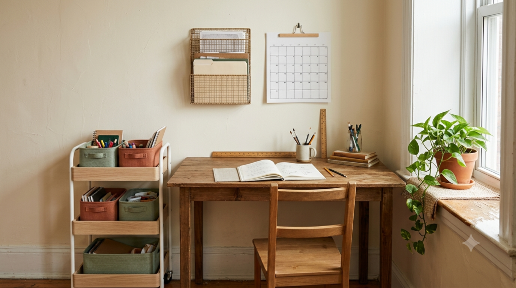 Small space homeschool setup in an apartment corner with a narrow table, rolling cart, wall file organizer, and calendar