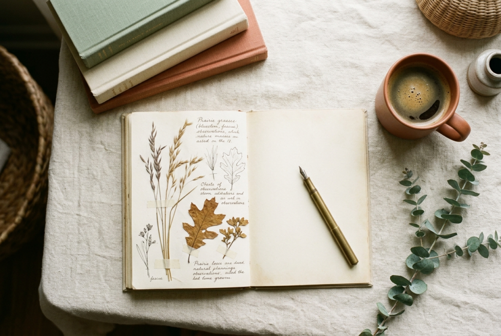 Homeschool Laws in Illinois: What You Need to Know (2026) Homeschool laws in Illinois guide, calm cream nature-journal flat-lay with pressed prairie grasses, books, and a terracotta mug of coffee