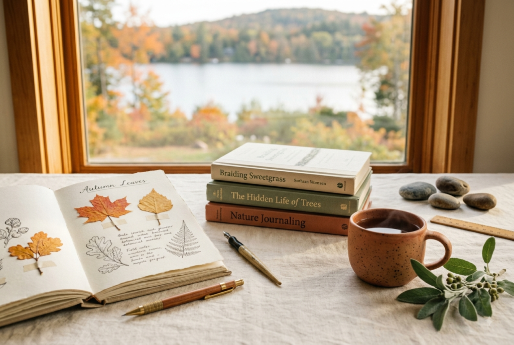 Homeschool Laws in Michigan: What You Need to Know (2026) Homeschool laws in Michigan guide, cozy autumn lakeside nature-journal flat-lay with pressed maple and birch leaves, books, and a terracotta mug