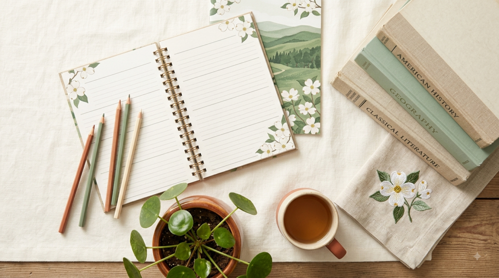 Homeschool Laws in Tennessee: What You Need to Know Homeschool laws in Tennessee guide, calm cream flat-lay with an open planner, dogwood blossoms, colored pencils, a small potted plant, and a stack of books