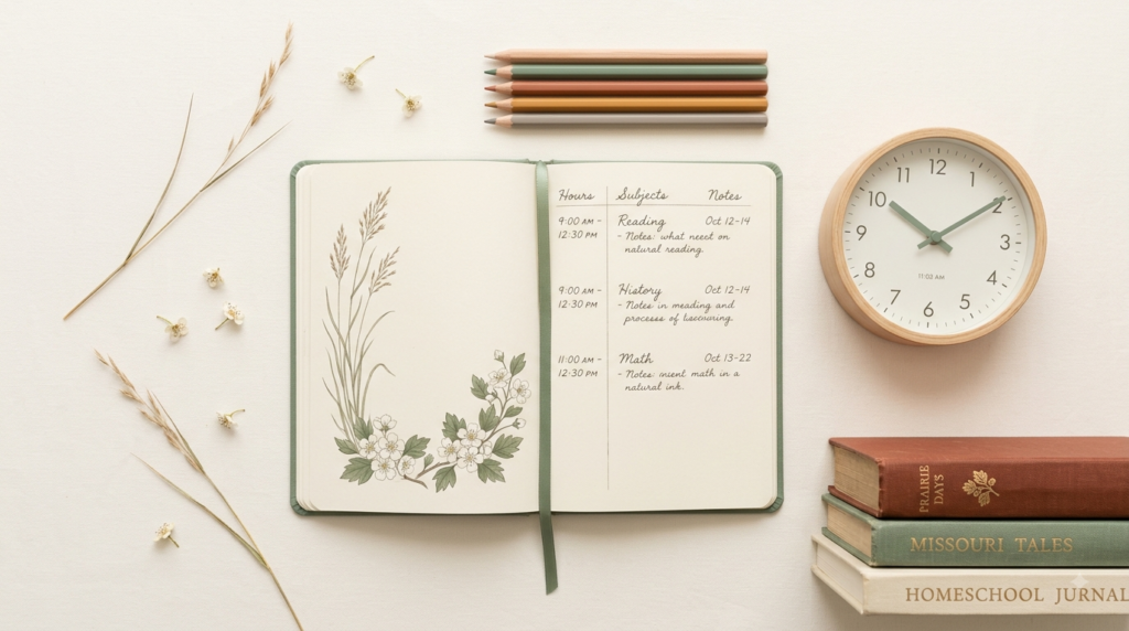 Homeschool Laws in Missouri: What You Need to Know Homeschool laws in Missouri guide, calm cream flat-lay with an open hours log, prairie grasses and hawthorn blossoms, a wall clock, and a stack of books