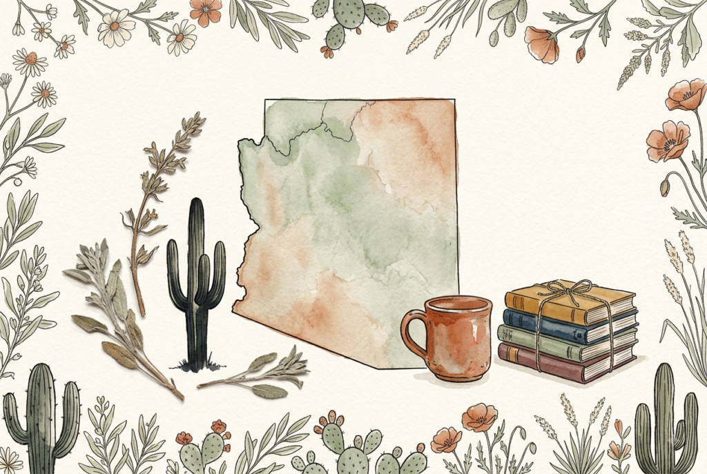 Homeschool laws in Arizona guide, watercolor desert state map with a saguaro cactus, sage sprigs, a terracotta mug, and a stack of books