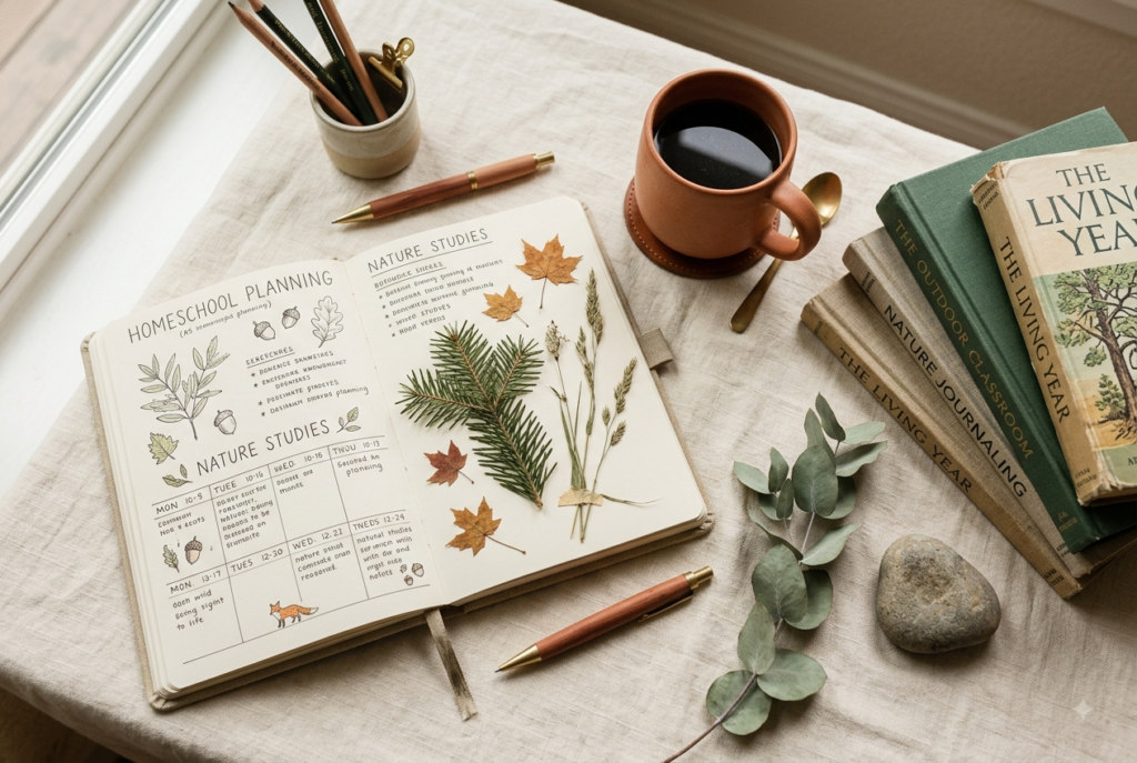 Homeschool laws in Washington guide, calm cream nature-journal flat-lay with pressed fir and eucalyptus, a terracotta mug, and a stack of nature-study books