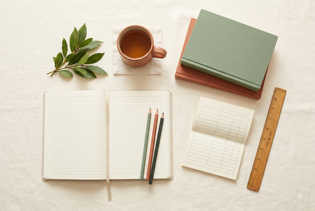 Homeschool laws in New Jersey guide, calm cream flat-lay with an open planner, a green leaf sprig, a terracotta mug, colored pencils, and a stack of books