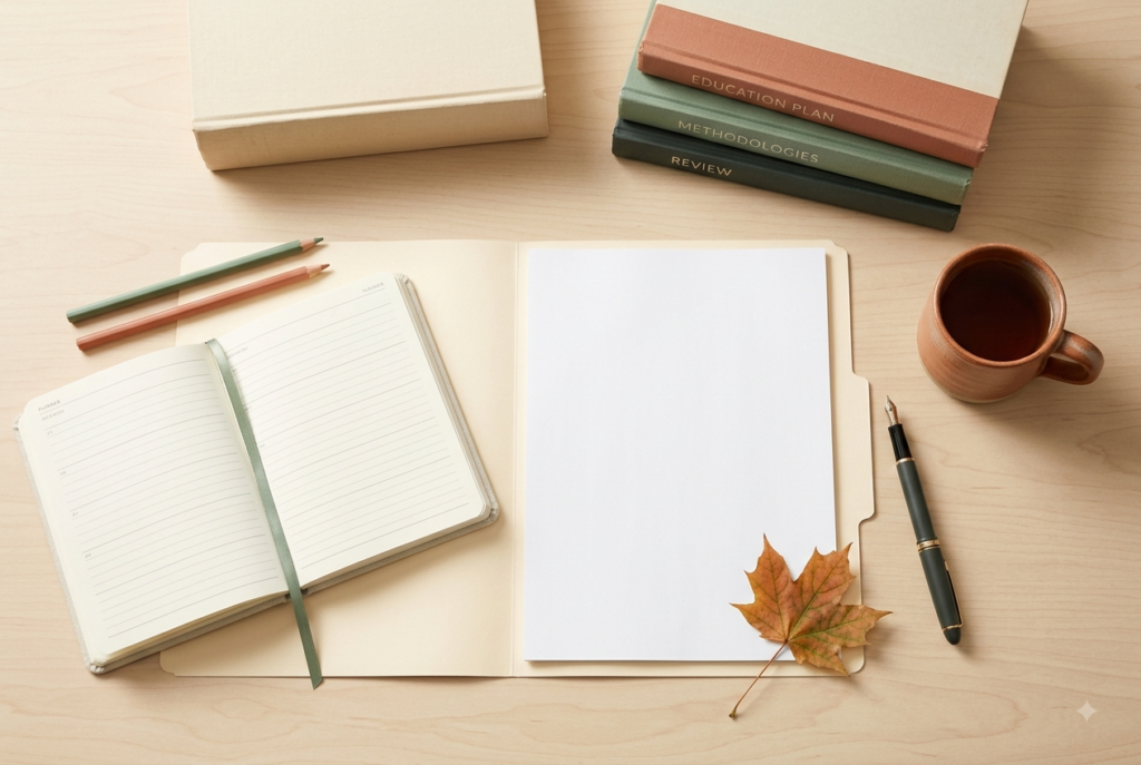 Homeschool laws in Massachusetts guide, calm cream flat-lay with an open education plan and blank document, an autumn leaf, a stack of books, and a pen