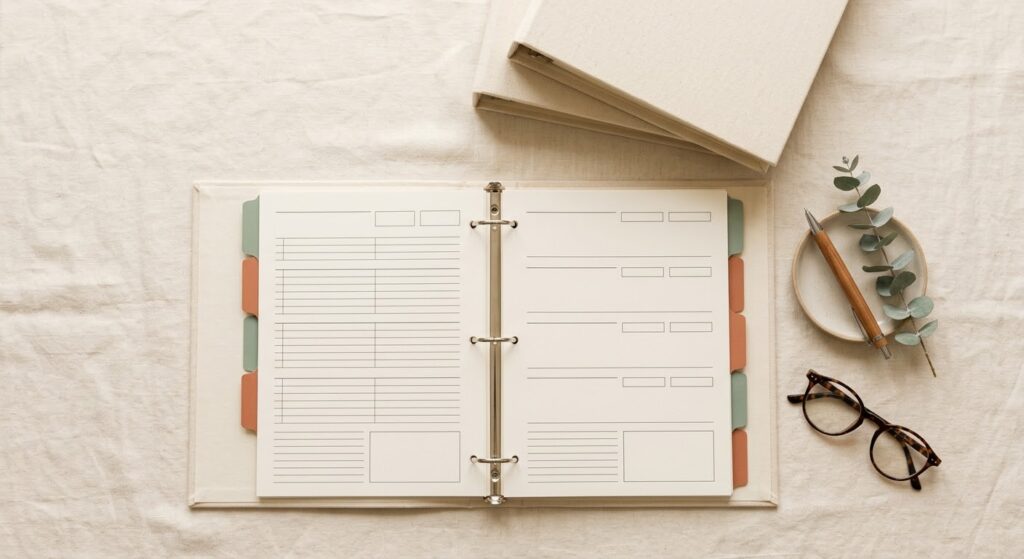 Open homeschool binder with color-coded sage and terracotta tab dividers, printable planner pages, a pen, eucalyptus, and glasses on a cream linen surface