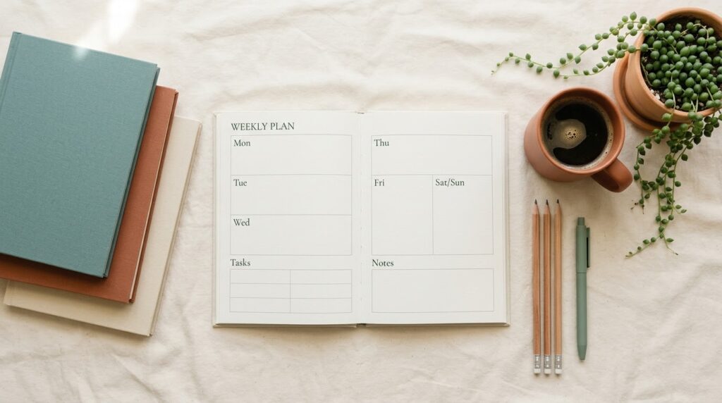 Open weekly homeschool planner on a cream linen desk with coffee, books, plant, and pencils