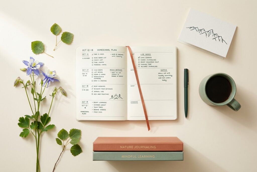 Homeschool laws in Colorado guide, calm cream nature-journal flat-lay with an open homeschool planner, columbine flowers, aspen leaves, a sage mug of coffee, and a minimalist mountain-range card