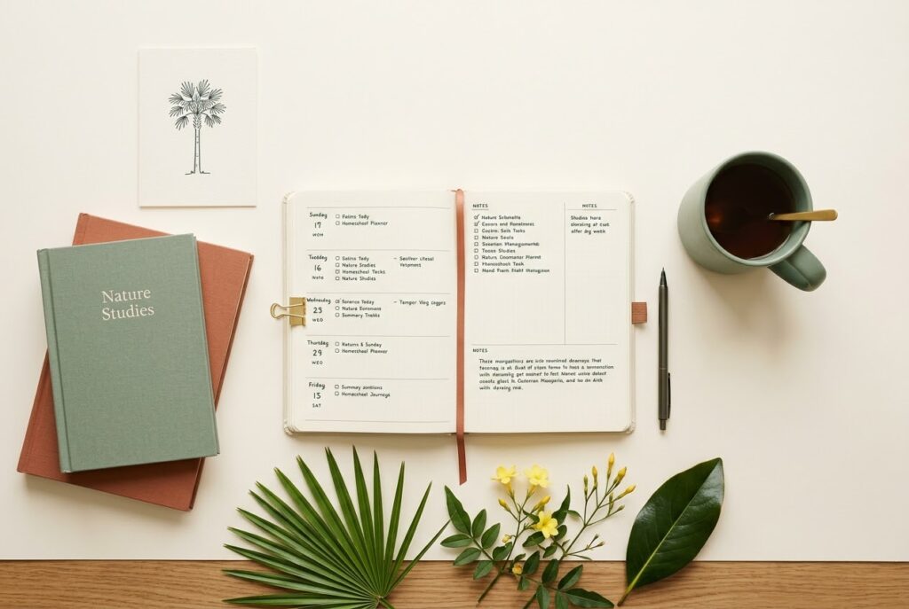 Homeschool laws in South Carolina guide, calm cream nature-journal flat-lay with an open homeschool planner, a palmetto frond, yellow jessamine, a magnolia leaf, a sage mug, and a minimalist palmetto-tree card
