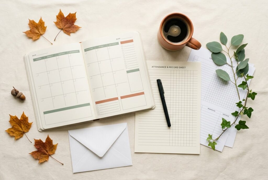 Homeschool laws in Wisconsin guide, calm cream nature-journal flat-lay with an open weekly planner, an attendance and record sheet, a white envelope, autumn maple leaves, eucalyptus and ivy sprigs, and a terracotta mug of coffee