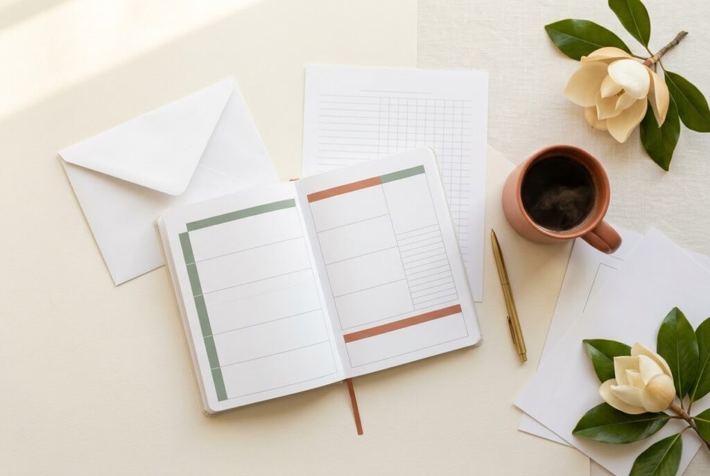 Homeschool laws in Alabama guide, warm cream flat-lay with an open weekly planner, a grid record sheet, a white envelope, magnolia blooms with glossy green leaves, a gold pen, and a terracotta mug of coffee