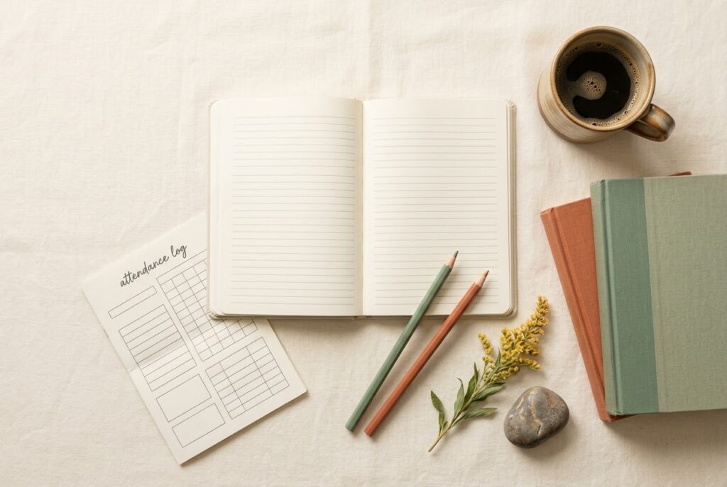 Homeschool Laws in Kentucky: What You Need to Know Homeschool laws in Kentucky guide, calm cream flat-lay with an open homeschool planner, an attendance log printable, sage and terracotta pencils, a goldenrod sprig, a river stone, stacked books, and a mug of coffee