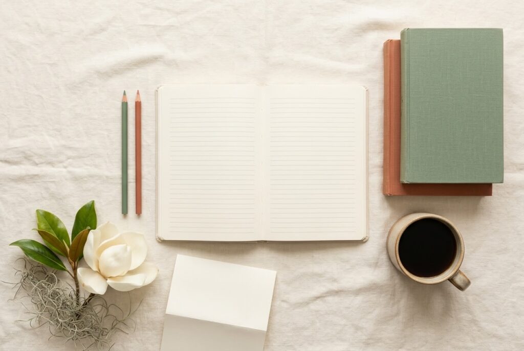 Homeschool Laws in Louisiana: What You Need to Know Homeschool laws in Louisiana guide, warm cream flat-lay with an open homeschool planner, a white magnolia bloom with glossy green leaves and Spanish moss, sage and terracotta pencils, stacked books, a folded card, and a mug of coffee