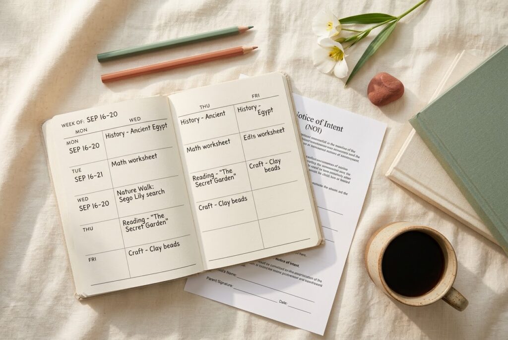 Homeschool Laws in Utah: What You Need to Know Homeschool laws in Utah guide, calm cream flat-lay with an open homeschool planner, a Notice of Intent form, sage and terracotta pencils, a white sego lily, red sandstone, stacked books, and a mug of coffee