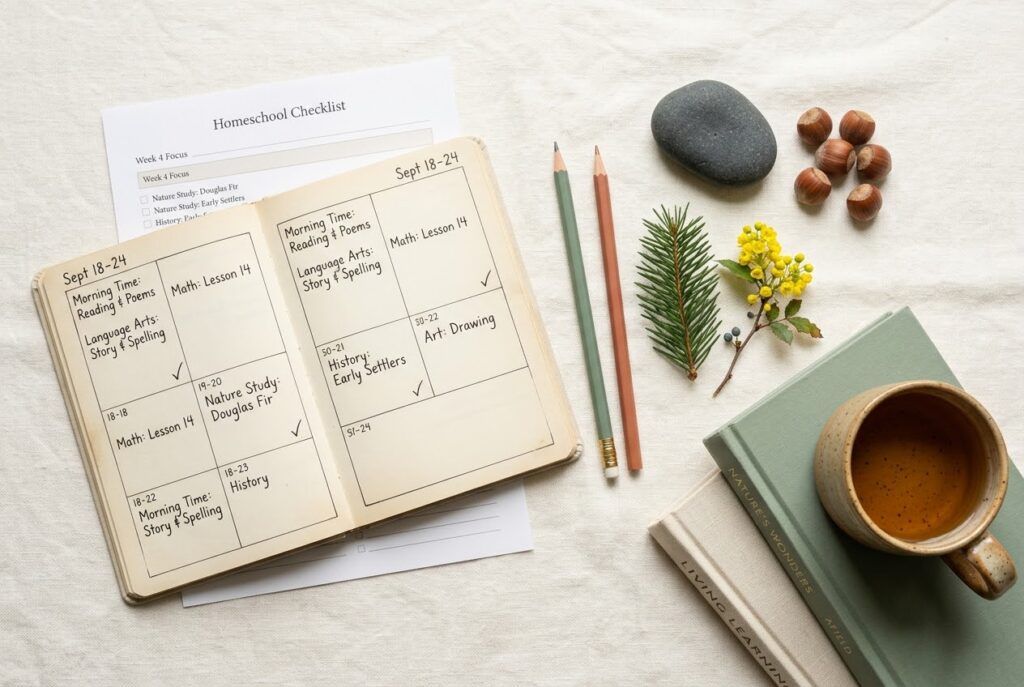 Homeschool Laws in Oregon: What You Need to Know Homeschool laws in Oregon guide, calm cream flat-lay with an open homeschool planner, a Homeschool Checklist sheet, sage and terracotta pencils, a Douglas fir sprig and Oregon grape, a basalt stone, hazelnuts, stacked books, and a mug of tea