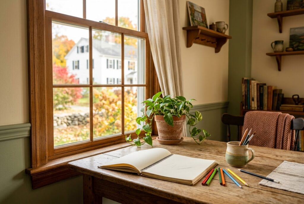 Homeschool Laws in Connecticut: What You Need to Know Homeschool laws in Connecticut guide, a cozy New England homeschool nook with an open notebook and colored pencils on a wooden table by a window overlooking a white colonial house and autumn foliage