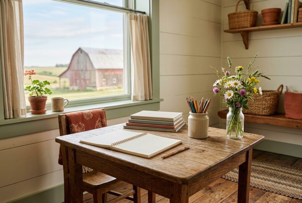 Homeschool Laws in Iowa: What You Need to Know Homeschool laws in Iowa guide, a bright farmhouse learning corner with an open notebook, stacked books, and wildflowers on a wooden table by a window overlooking a red barn and rolling farmland