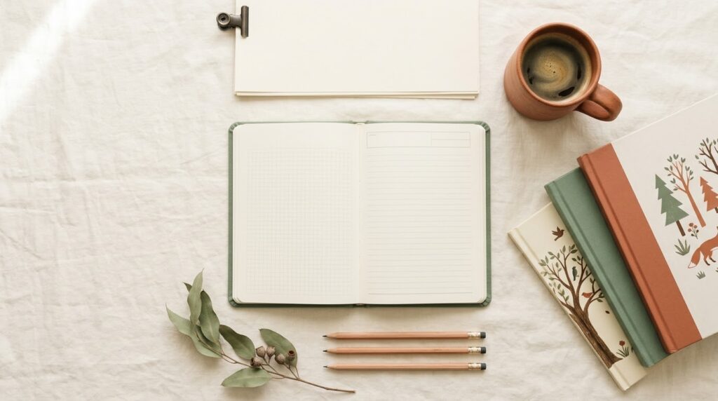 Homeschool Laws in Nevada: What You Need to Know Homeschool laws in Nevada guide, calm cream flat-lay with an open planner, stacked children's books, sage eucalyptus, wooden pencils, and a terracotta mug of coffee