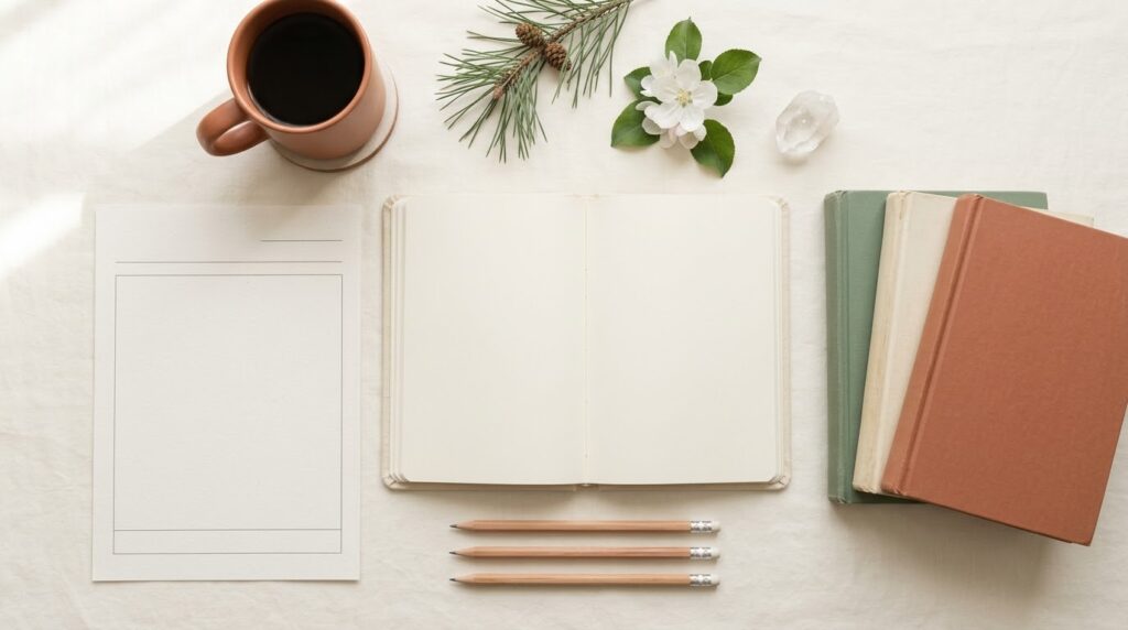 Homeschool Laws in Arkansas: What You Need to Know Homeschool laws in Arkansas guide, calm cream flat-lay with an open planner, a notice of intent form, stacked children's books, a pine sprig, a white apple blossom, a clear quartz crystal, and a terracotta mug of coffee